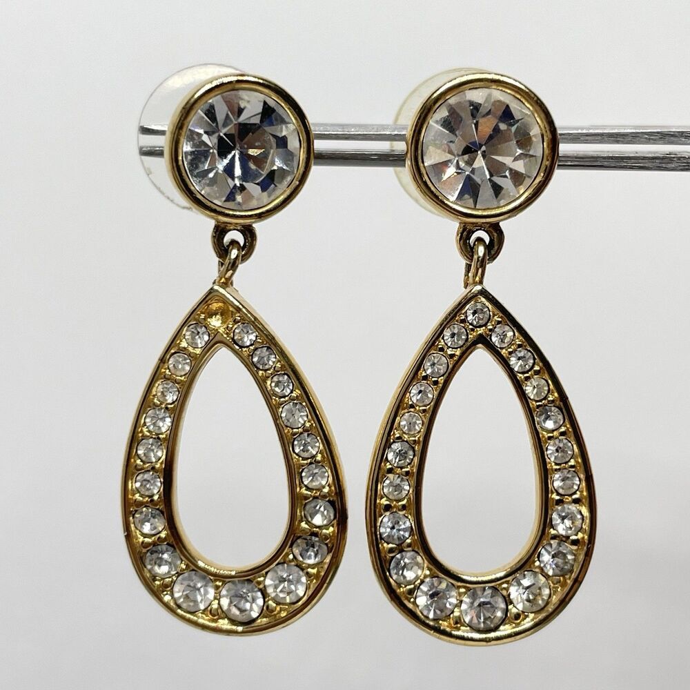 Vintage Monet Gold Tone Teardrop Glass Rhinestone Dangle Earrings Stunning